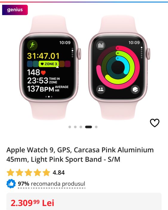 Apple Watch 9, GPS, Carcasa Pink. SIGILAT, transport inclus