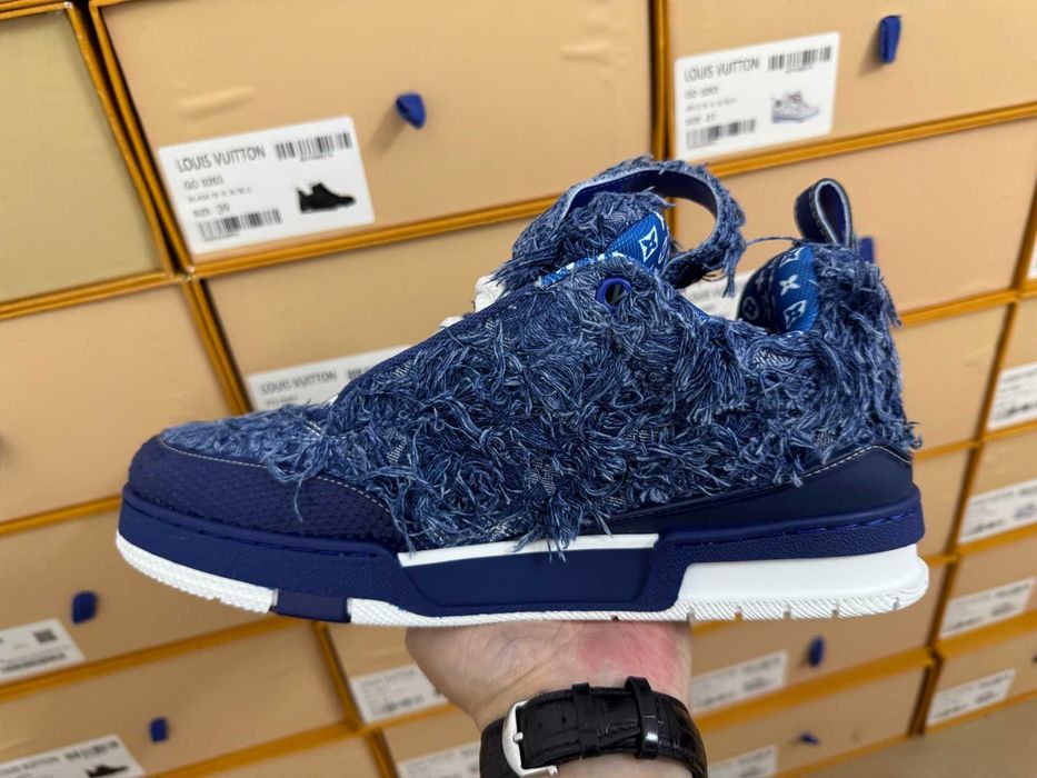 Louis Vuitton LV Trainer Maxi Sneaker Dark Blue Distressed Denim.