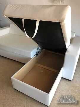 Ъглов диван от еко-кожа с чекмедже за пране