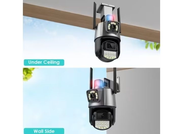 Двойна външна въртяща WiFi AI камера 8MP с два обектива, ICSee, Черна