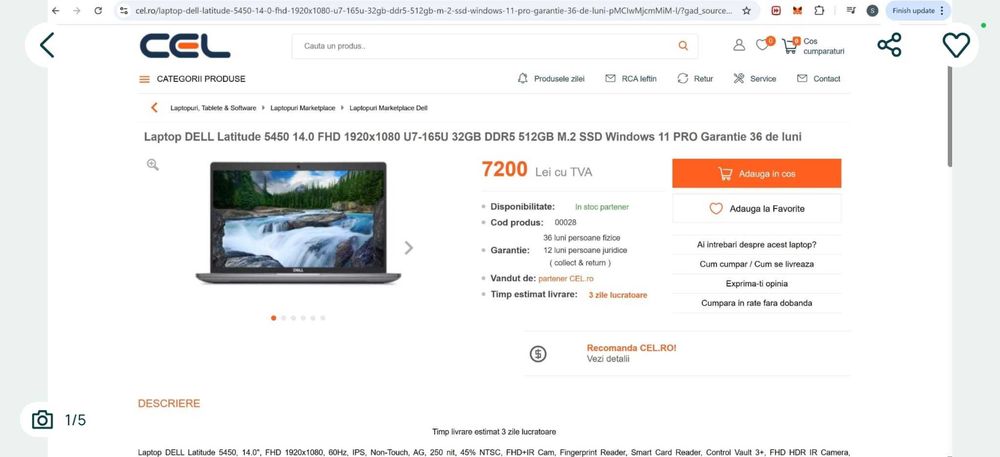 Laptop DELL Latitude 5450 i7-165U 32GB DDR5 512GB SSD 14 FHD touchscreen Windows 11 Pro