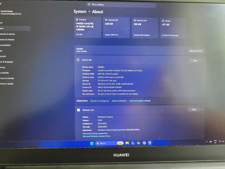 Laptop Huawei MateBook (i5-10210U, 8GB RAM, 512GB SSD) - Stare Excelentă