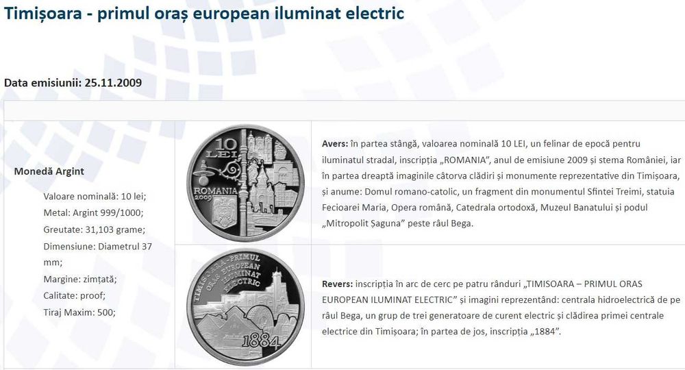 Moneda BNR 10 lei argint Timisoara primul oras... gradata NGC PF 69 UC