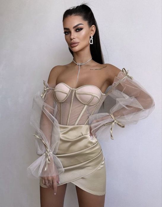 Compleu damă elegant – top corset + fustă mini satinată