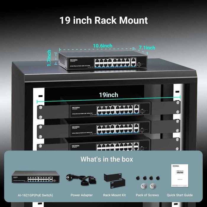 Switch retea ethernet NICGIGA AI-FS1621GP 16 port neadministrat PoE+ 250W,2 port Gigabit Uplink,1 port SFP mod VLAN,montare rack 19 inch,Plug and Play