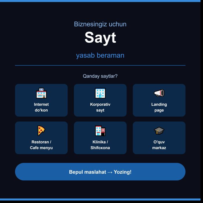Telegram bot | Web sayt | Mobil ilova | AI  yechimlar yaratish