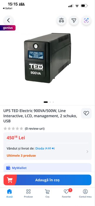 UPS Ted Electric 900VA/500W / line interactive LCD / 2 Schuko