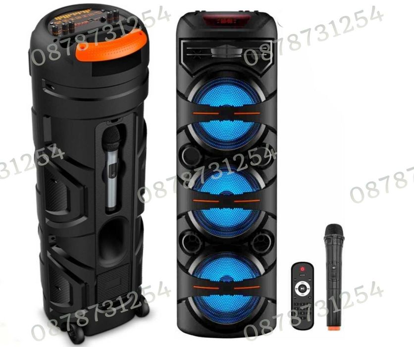 Голяма и Мощна Тонколона 3х8 инча с Безжичен Микрофон и Дистанционно