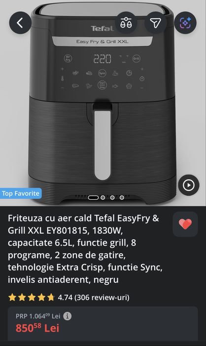 Friteuza cu aer cald/AirFryer Tefal EasyFry & Grill XXL  EY801815