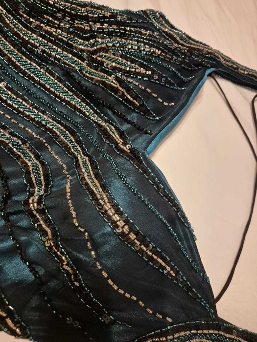 Rochie elegantă lungă de seară petrol/turcoaz cu paiete și aplicații – model spectaculos – ocazie / nuntă / gală