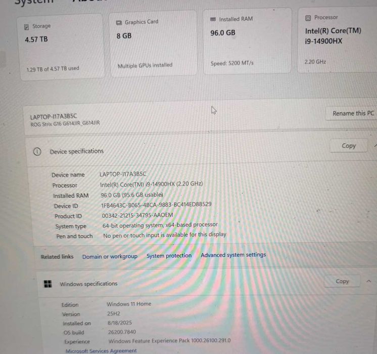 Laptop ASUS ROG Strix G16 | i9-14900HX | RTX 4070 | 96GB RAM|4.5TB SSD