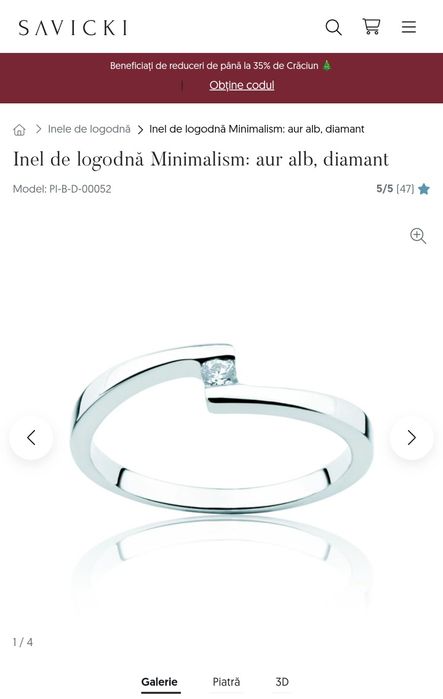 Inel Savicki – aur alb 585, diamant certificat, cutie