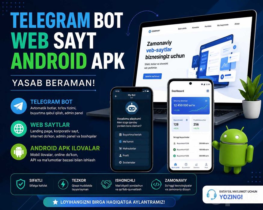 Telegram bot, Web sayt va Android ilova yasab beraman