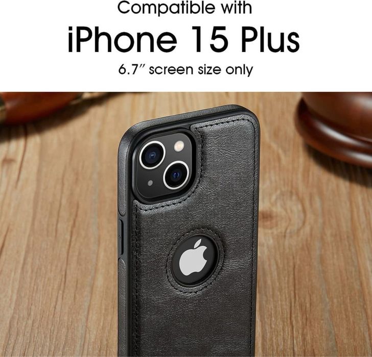 Husă din piele iPhone 15 Plus subțire premium clasică – Negru