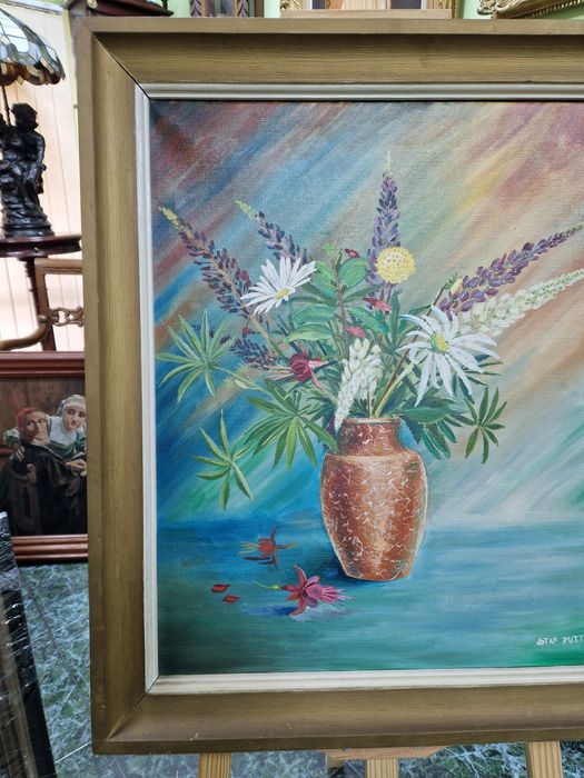 Стар голям антикварен френски натюрморт масло върху платно