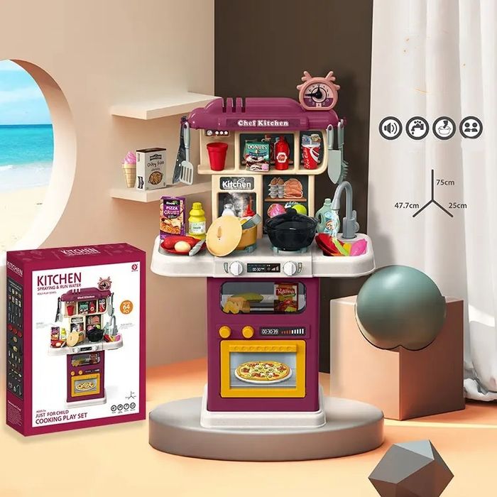 Bucatarie copii cu circuit apa real, cuptor, plita, 64 piese Violet