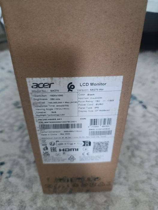 Монитор 27" Acer SA270 Abi (Full HD, IPS)