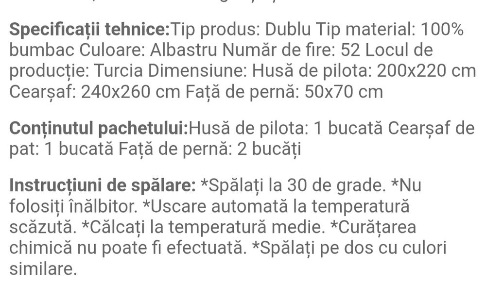 Set lenjerie pat dublu, 100% bumbac ranforce, cu imprimeu, albastru