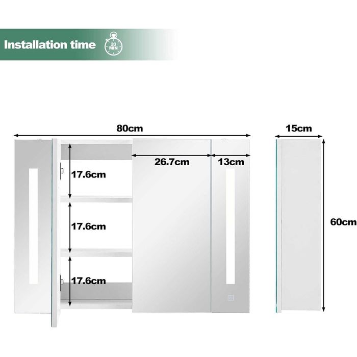 Шкаф за баня с вградено LED осветление – CLIPOP WFBS-BC-D0182WH