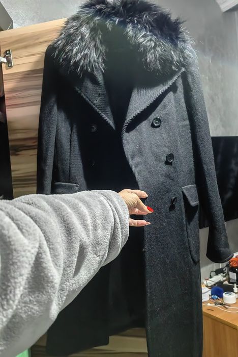 Оригинално 100% вълна палто с яка от лисица
