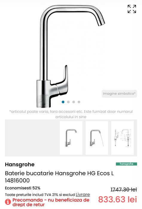 Baterie bucatarie Hansgrohe Ecos L- produs nou