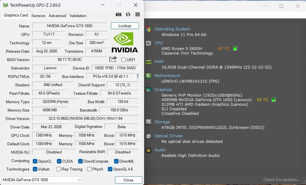 Laptop Lenovo Gaming Ryzen 5 5600H 3,3Ghz up to 4,2Ghz, 16GB 512GB, Nvidia GTX 1650 4GB, Windows 11 Office 2024