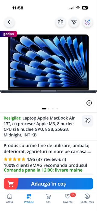MacBook Air 13",cu procesor Apple M3, 8GB RAM, 256GB, midnight, ca NOU