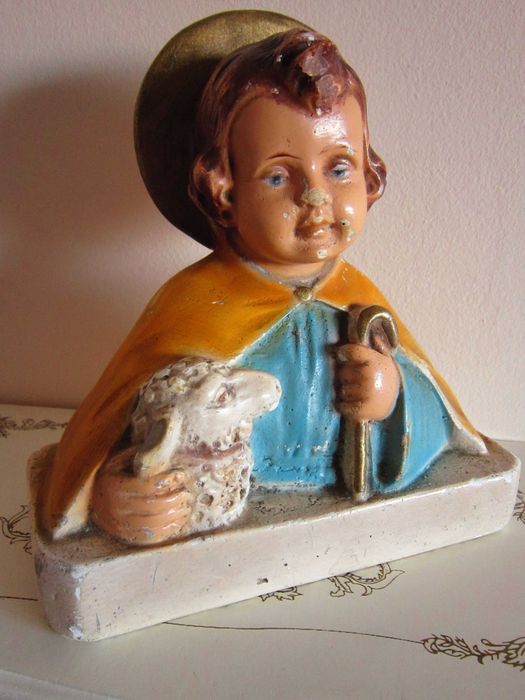 cadou rar MidCentury Păstorul cel Bun Copilul Isus cu miel Franta 1956
