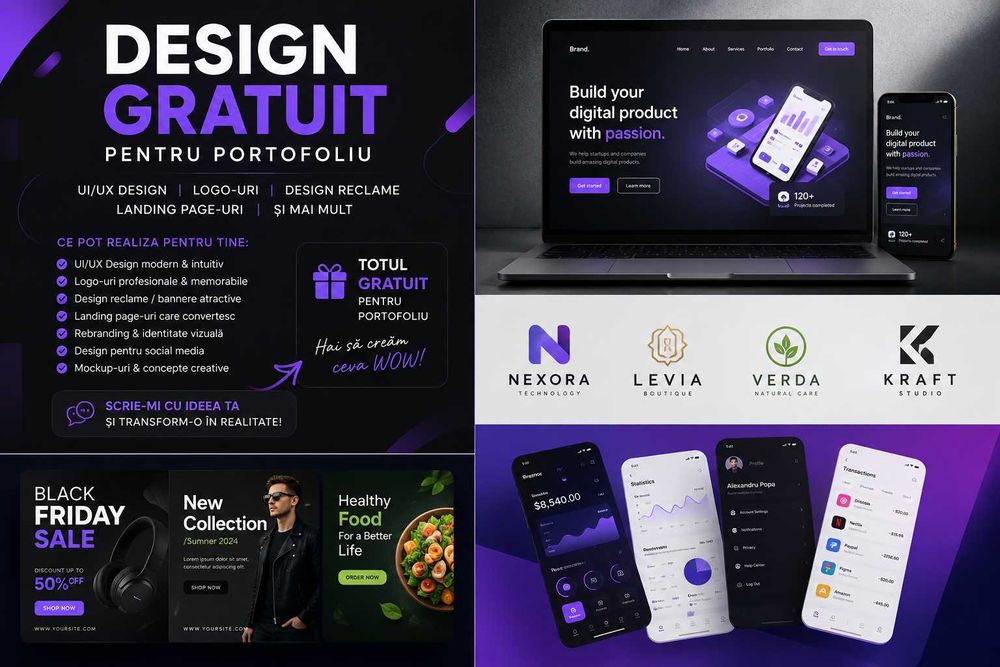 DESIGN GRATUIT pentru Portofoliu – UI/UX, Logo, Landing Page & Reclame