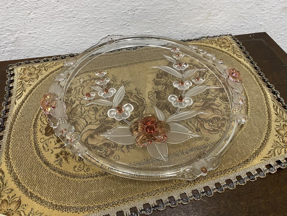 Голям поднос цветен кристал релефни орнаменти Германия 1960