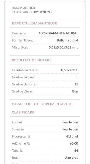 Diamant natural 0,5 ct însoțit de certificat oficial AIG