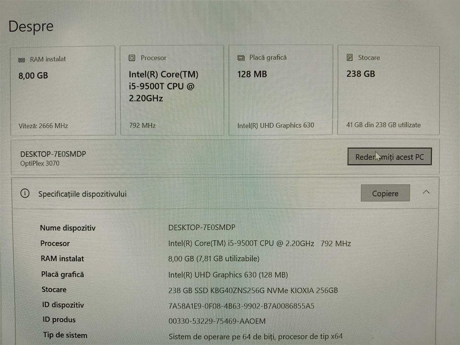 Mini PC Dell OptiPlex 3070 Micro, i5 9500T, 256GB NVMe, 8 Gb DDR4 WiFi