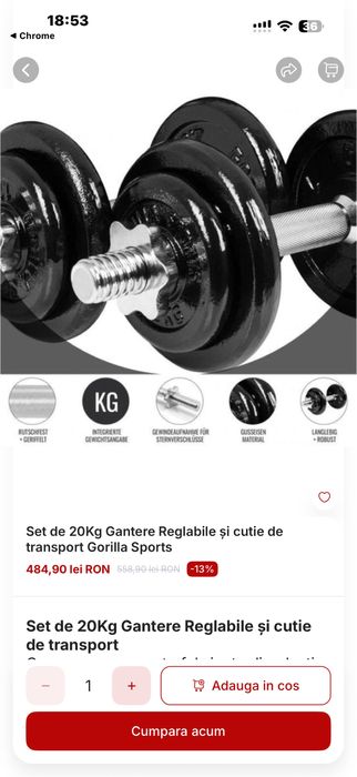 Gantere reglabile noi set 20 kg. 10 kg+10 kg=20 kg+Geanta pret 300 lei