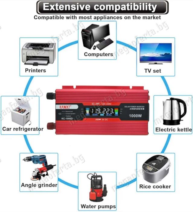 Инвертор 12V-220V 1000W UKC с Дисплей Преобразовател на Напрежението
