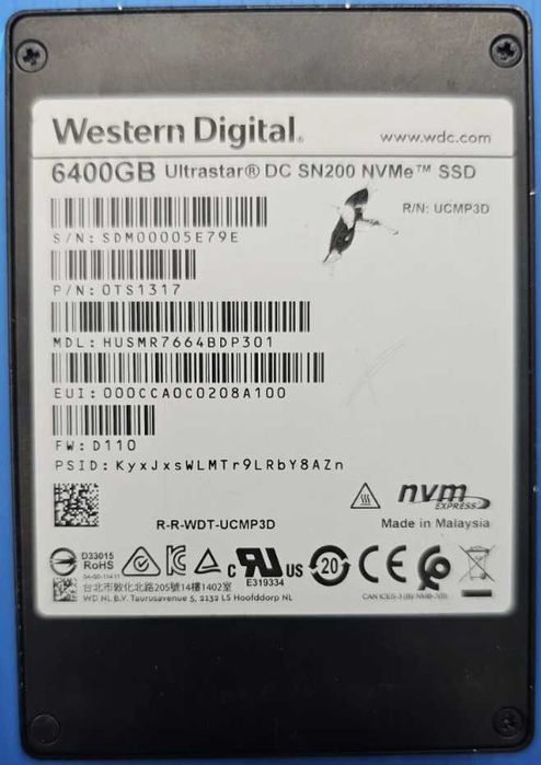 WD Ultrastar DC SN200 6.4TB NVMe SSD U.2