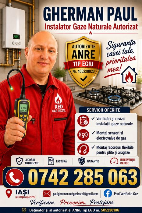 Instalator autorizat gaz-Verificari și revizii,montaj aragaz, detector