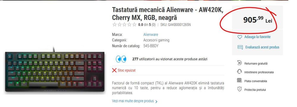 Tastatura Mecanica Gaming  Alienware Tenkeyless RGB - AW420K