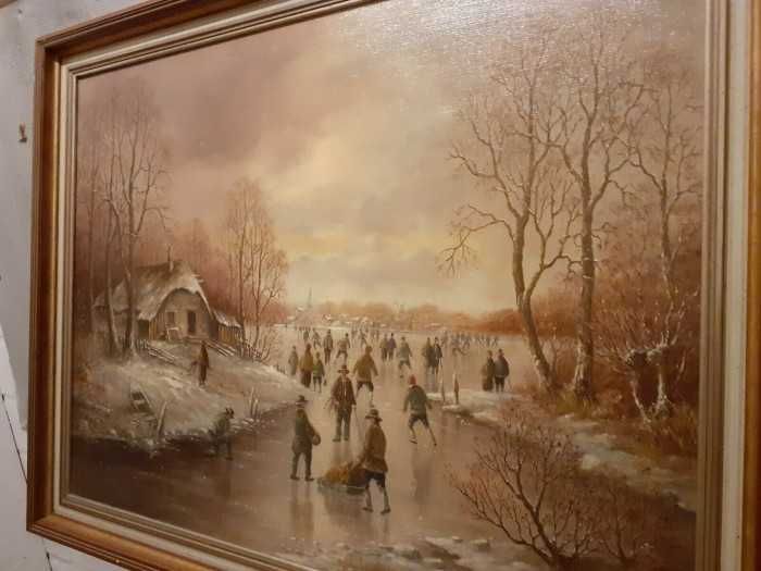 Superbă pictură in ulei pe panză-Peisaj de iarnă-personaje-Olanda