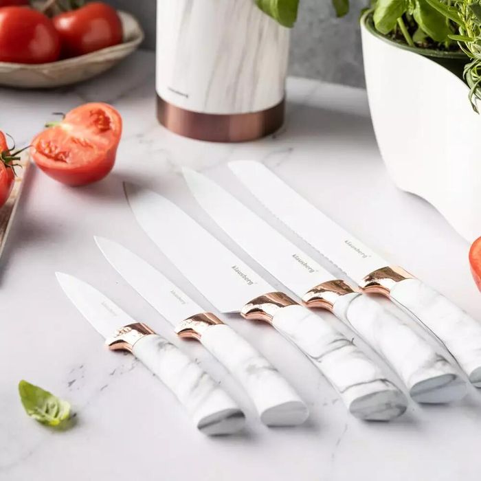 Set cutite din inox cu suport, 6 elemente, alb cu model maro, Kinghoff