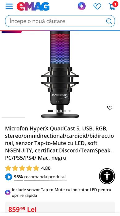 Microfon HyperX QuadCast S, USB, RGB, stereo/omnidirectional/cardioid/bidirectional, senzor Tap-to-Mute cu LED, soft NGENUITY