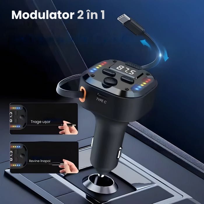 Modulator FM NETSTAT®Bricheta, BT 5.3 QC3.0 PD30W Cablu Retractabil