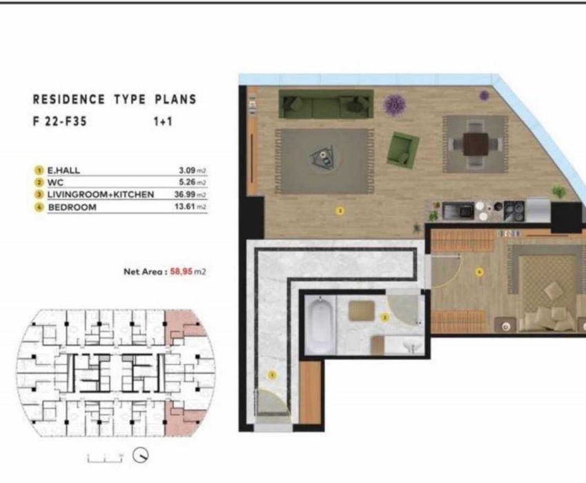 2-комнатная квартира 59 м² в Piramit Towers, 39 этаж