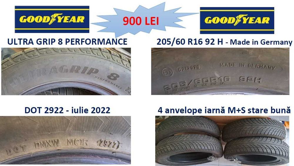 Set 4 anvelope iarnă GOODYEAR made in Gemany 205/60 R16 92H - DOT 2922
