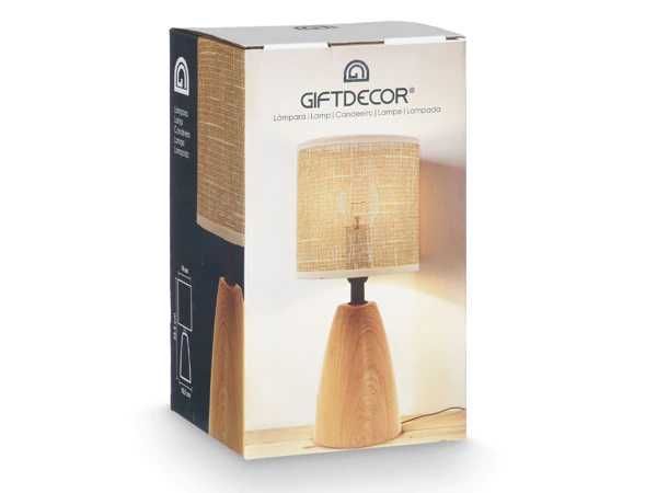 Lampa de masa, baza ceramica cu efect lemn, abajur textil bej, E27