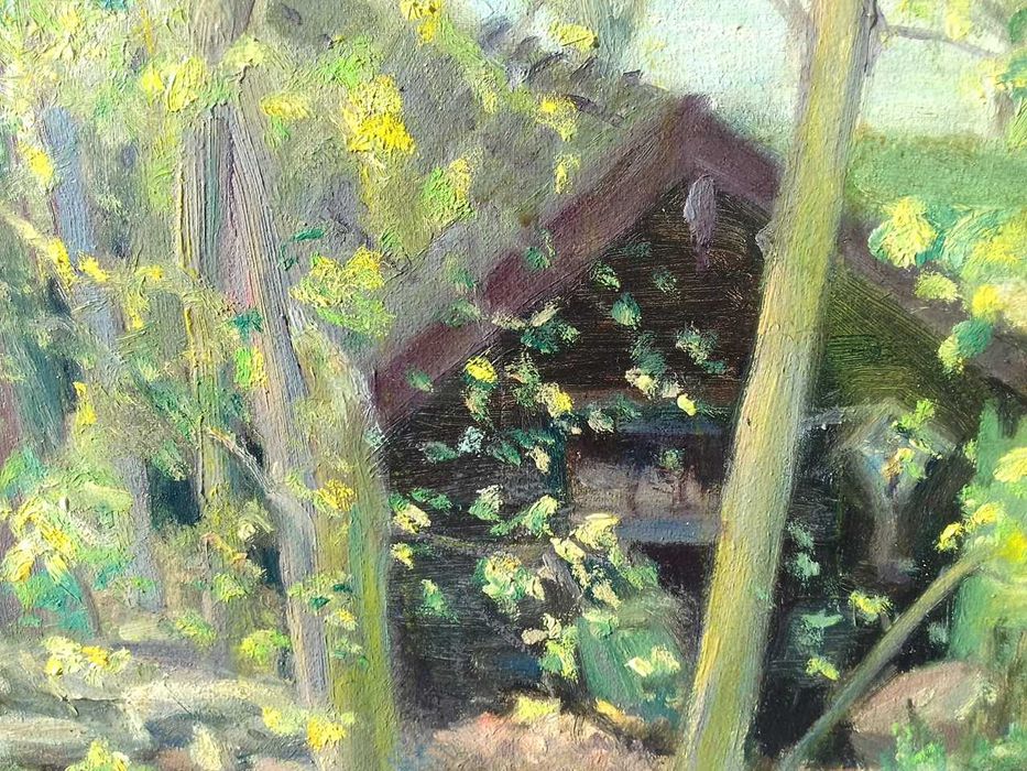 Tablou vechi - peisaj cu 2 cabane - semnat Bittar