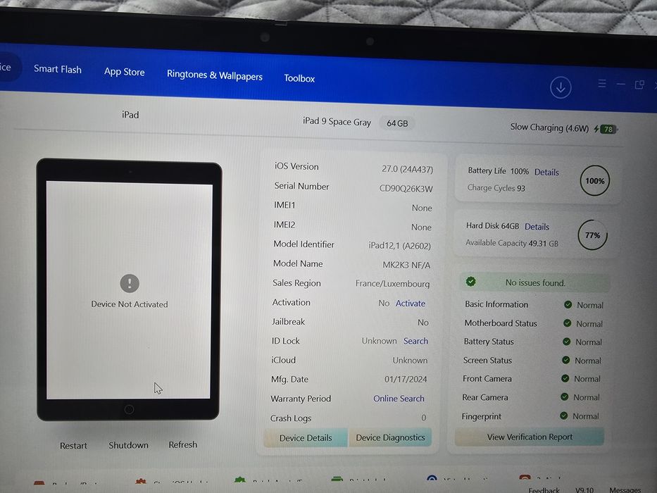 Tableta Apple Ipad 9th Generation A2602 (2024)- 100% battery health pt piese