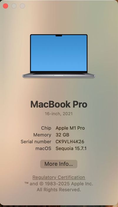 MacBook Pro 16 inch Apple M1 Pro 32 GB 2021 купуван 2022 512 GB