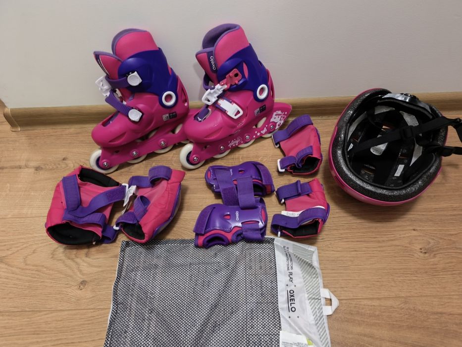 Детски Ролери Play 3, розово/лилаво + Протектори и каска от Decathlon
