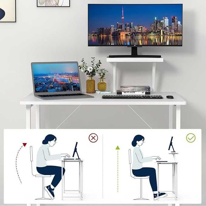 Сгъваема маса със стойка за монитор, бяла, компютърна 80 x 45 x 75 см,