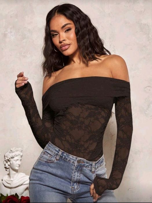 Кафяв дантелен топ